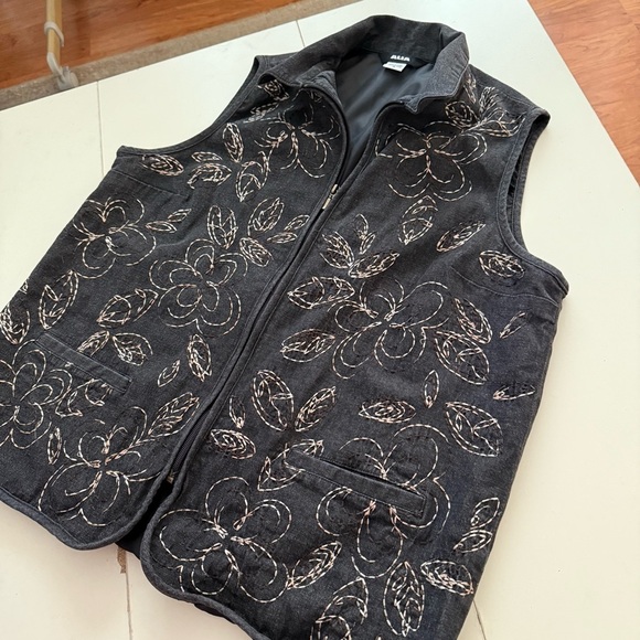 ALIA Black Denim Twill Embroidered Floral Zip-Up Vest Utilitarian Cottagecore - Picture 3 of 6